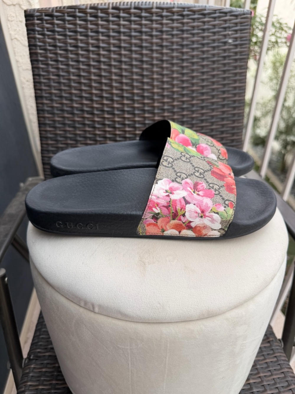 Gucci Floral Monogram Slide Sandals in Black with Pink and Green Accents - Picture 6 of 12